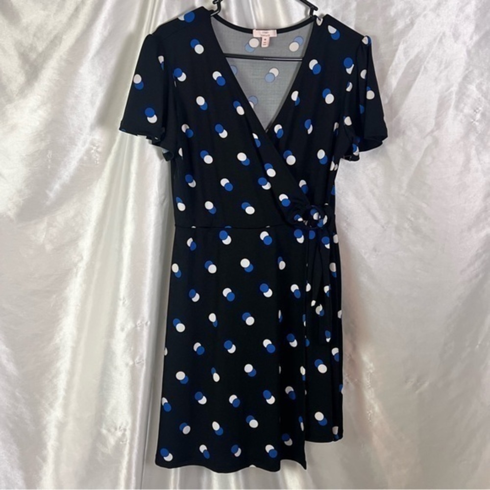 Como Vintage Black Retro Polka Dot Faux Wrap Short Dress Timeless M
